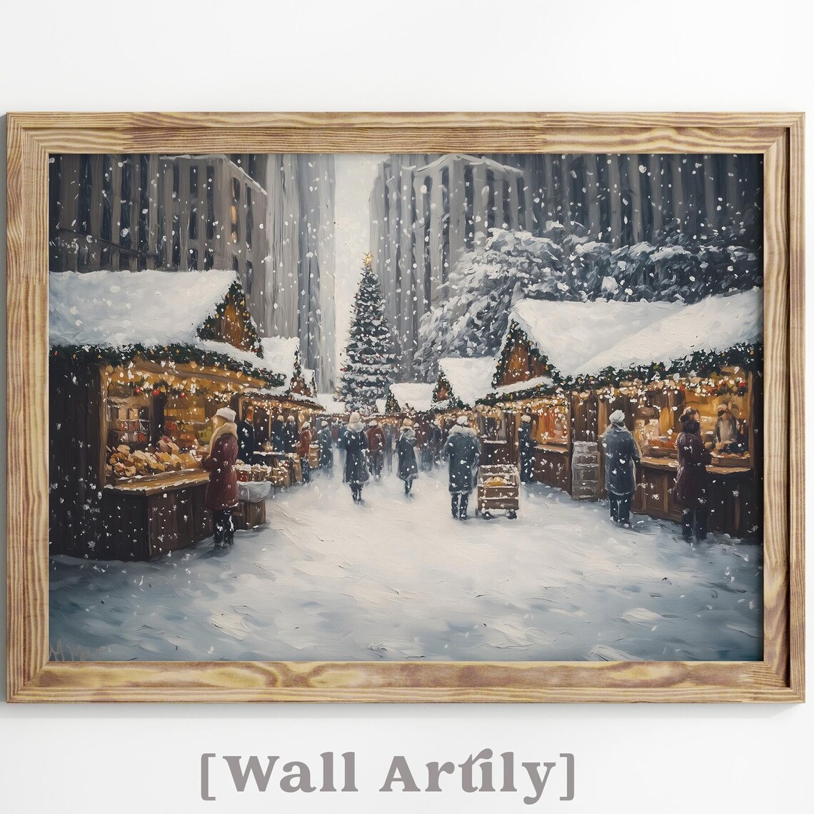 Snowy Christmas Market Street With Stalls And Shoppers Poster