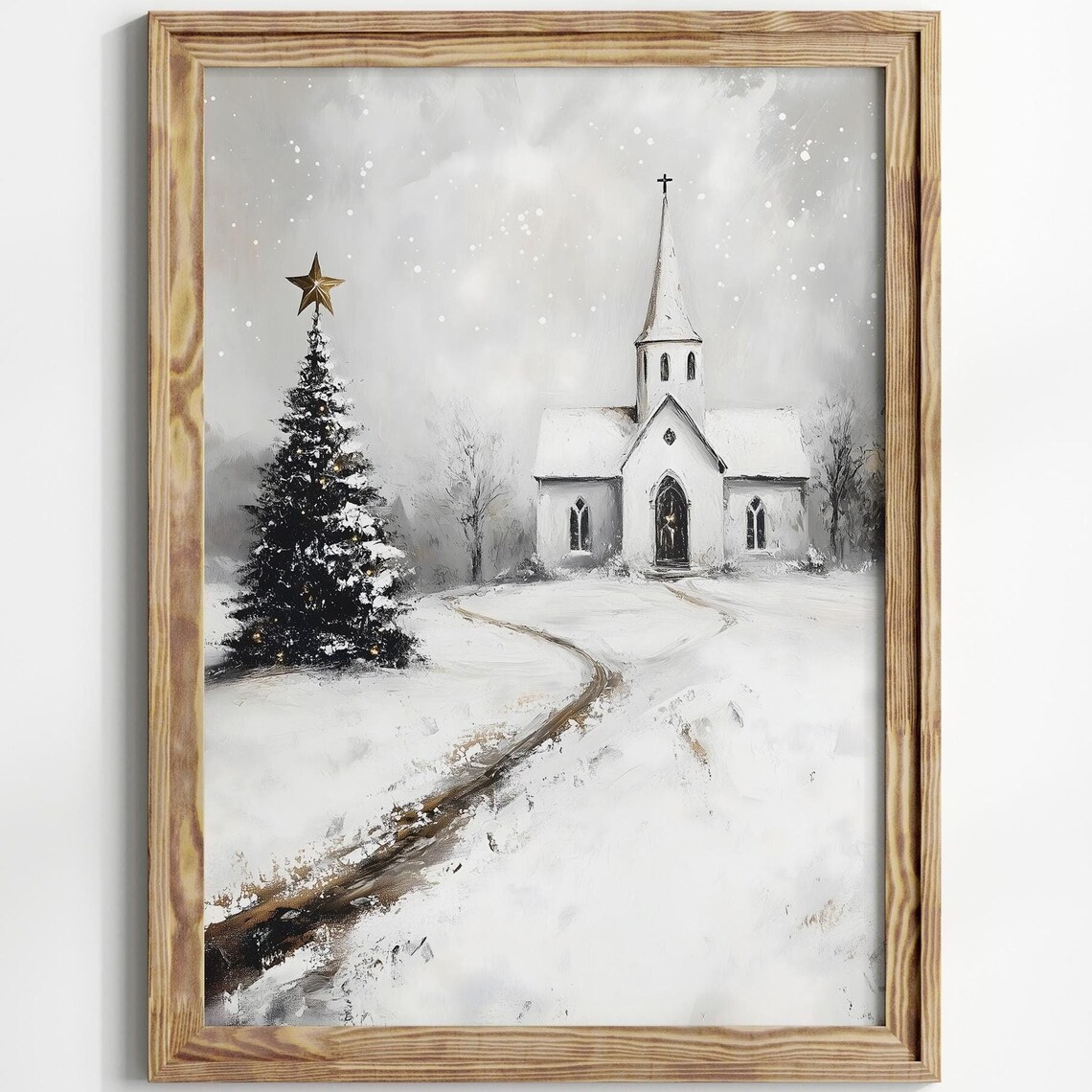 Vintage Snowy White Church And Christmas Tree Winter Painting Poster