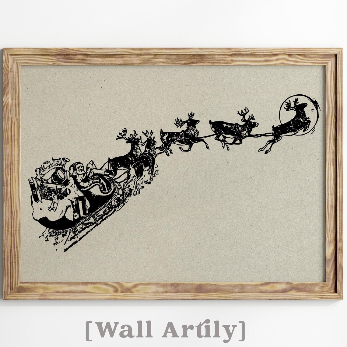 Santa Claus Flying Sleigh Reindeer Vintage Christmas Engraving Poster