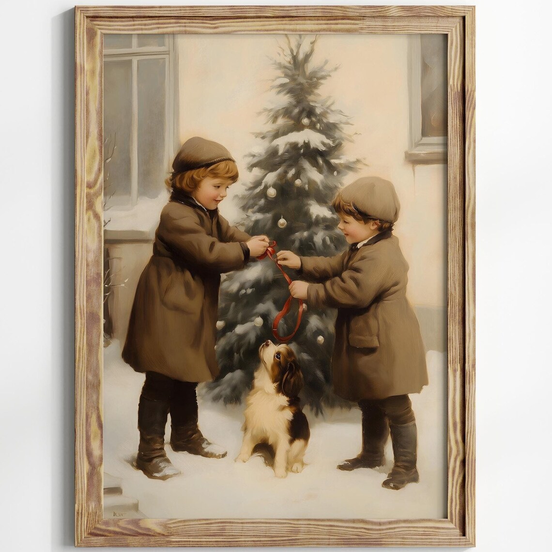 Vintage Children Decorating Christmas Tree Puppy Holiday Art Poster