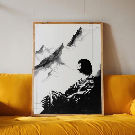 Black And White Mountain Art Print Abstract Landscape Wall Decor Peaceful Figure Illustration