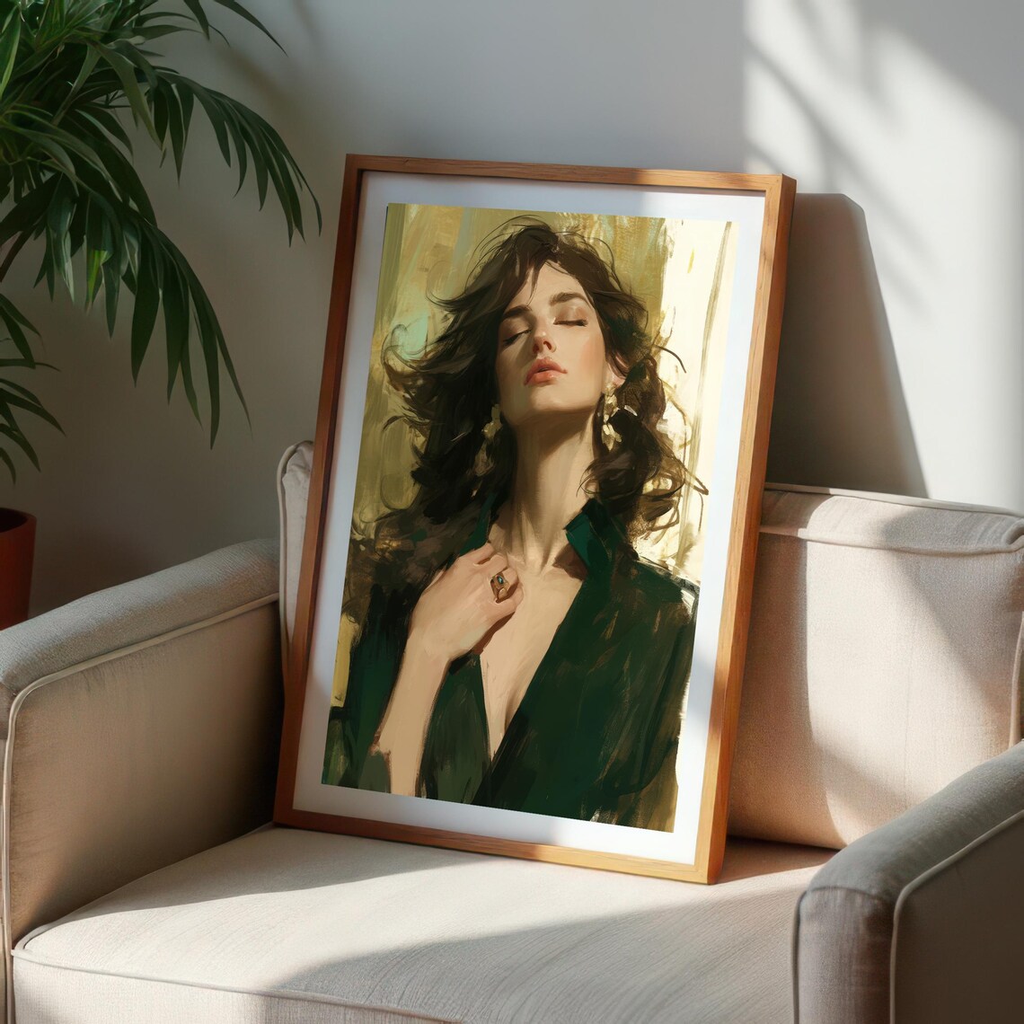 Peaceful Flowing Hair Woman Portrait Art Print Painterly Style Wall Decor Artistic Figure Modern