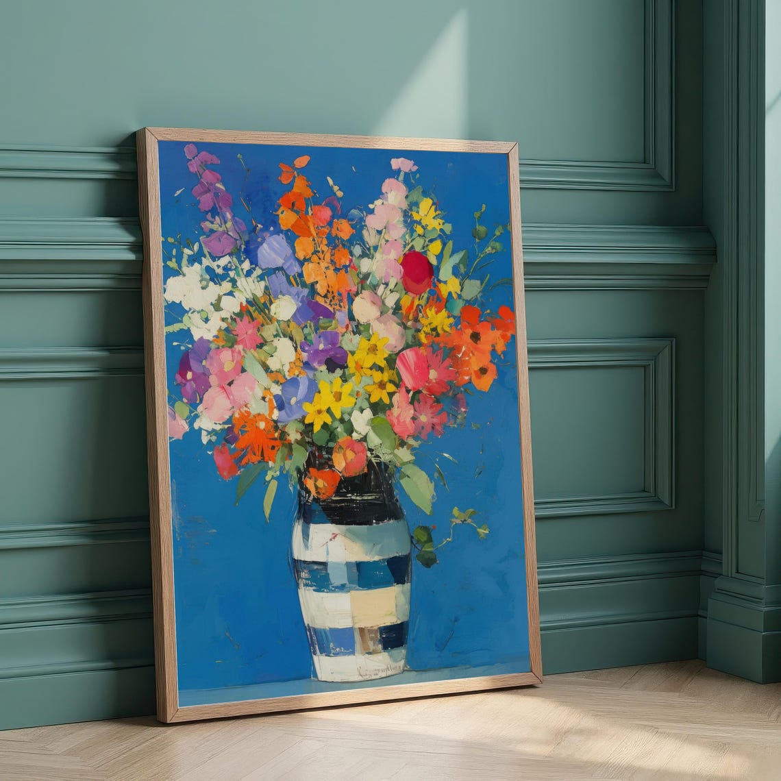 Wildflower Bouquet Striped Vase Cobalt Blue Floral Art Poster
