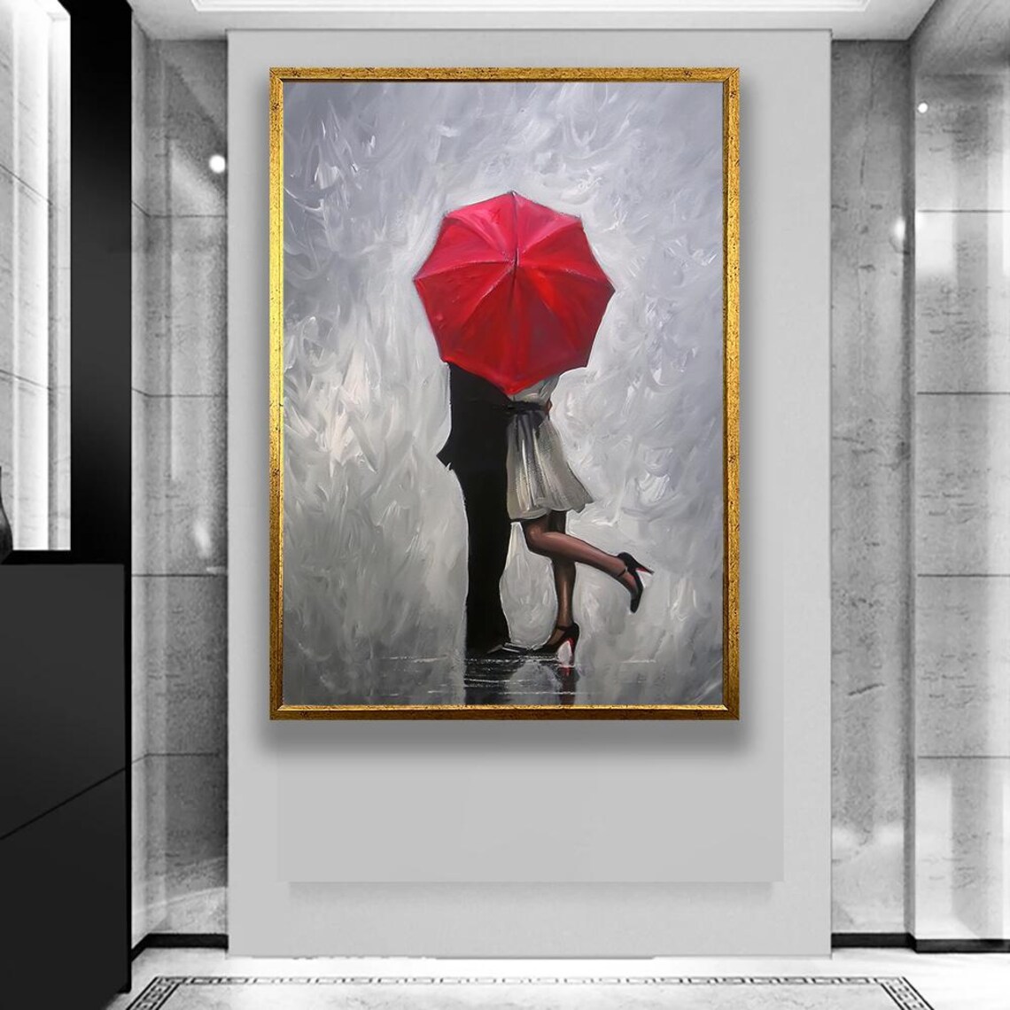 Romantic Couple Kissing Under Red Umbrella Rainy Day Painting Poster
