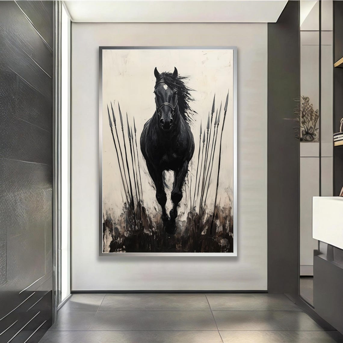 Charging Black Horse Medieval Spears Dramatic Ink War Poster