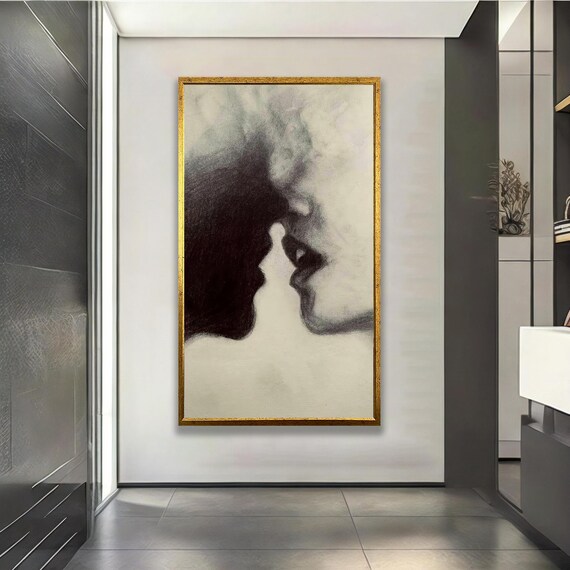 Abstract Couple Kissing Smoky Silhouette Black And White Art Poster