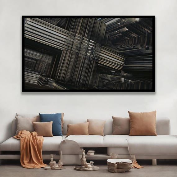 Framed Abstract Geometric Print Modern Dark Futuristic Wall Art