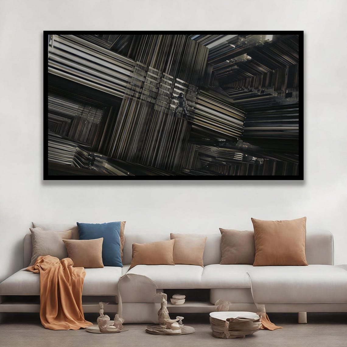 Framed Abstract Geometric Print Modern Dark Futuristic Wall Art