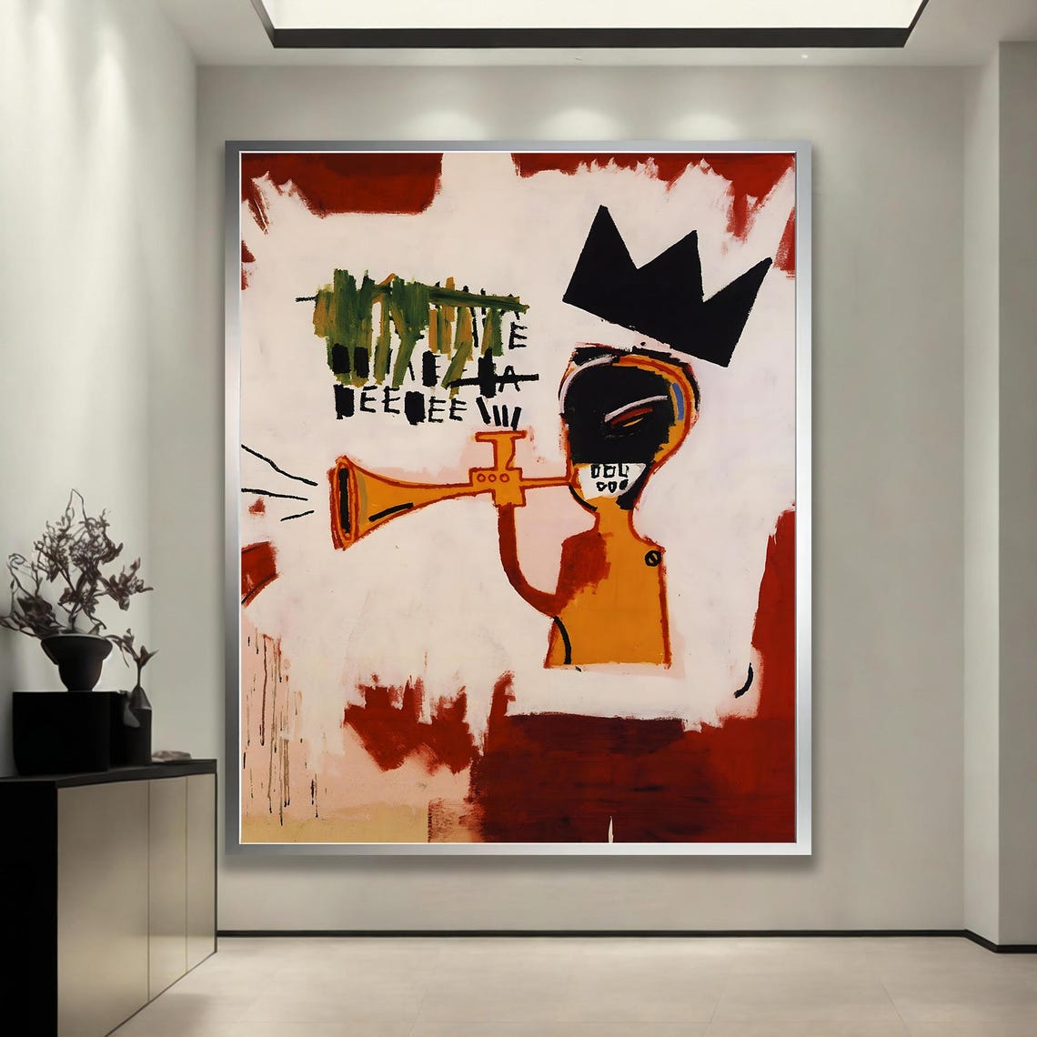 Basquiat Style Jazz Art Print Abstract Crown Trumpet Player Framed