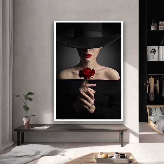 Woman in Wide Black Hat Holding a Red Rose Dramatic Portrait Poster