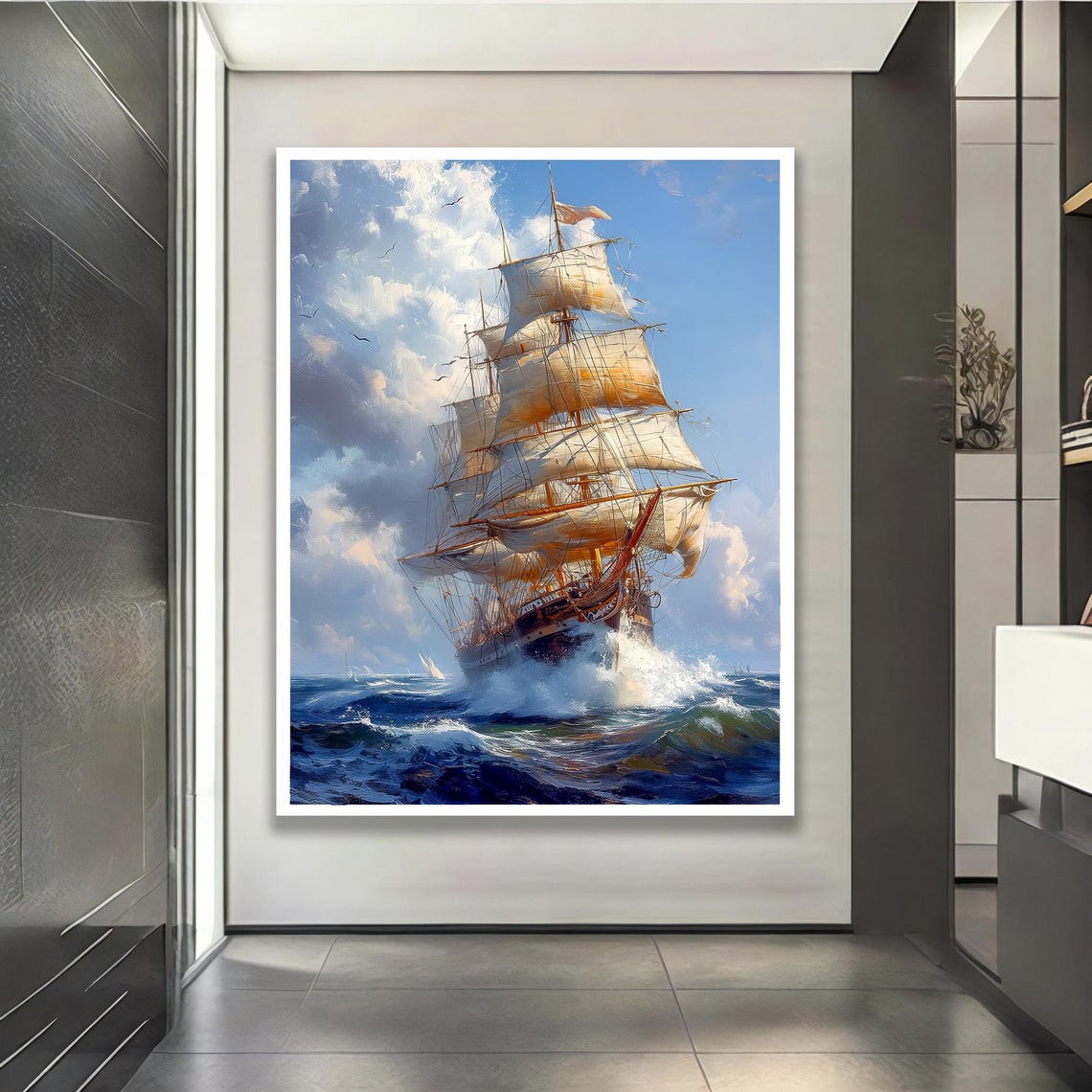 Tall Sailing Ship Full Sails Stormy Ocean Waves Nautical Art Poster