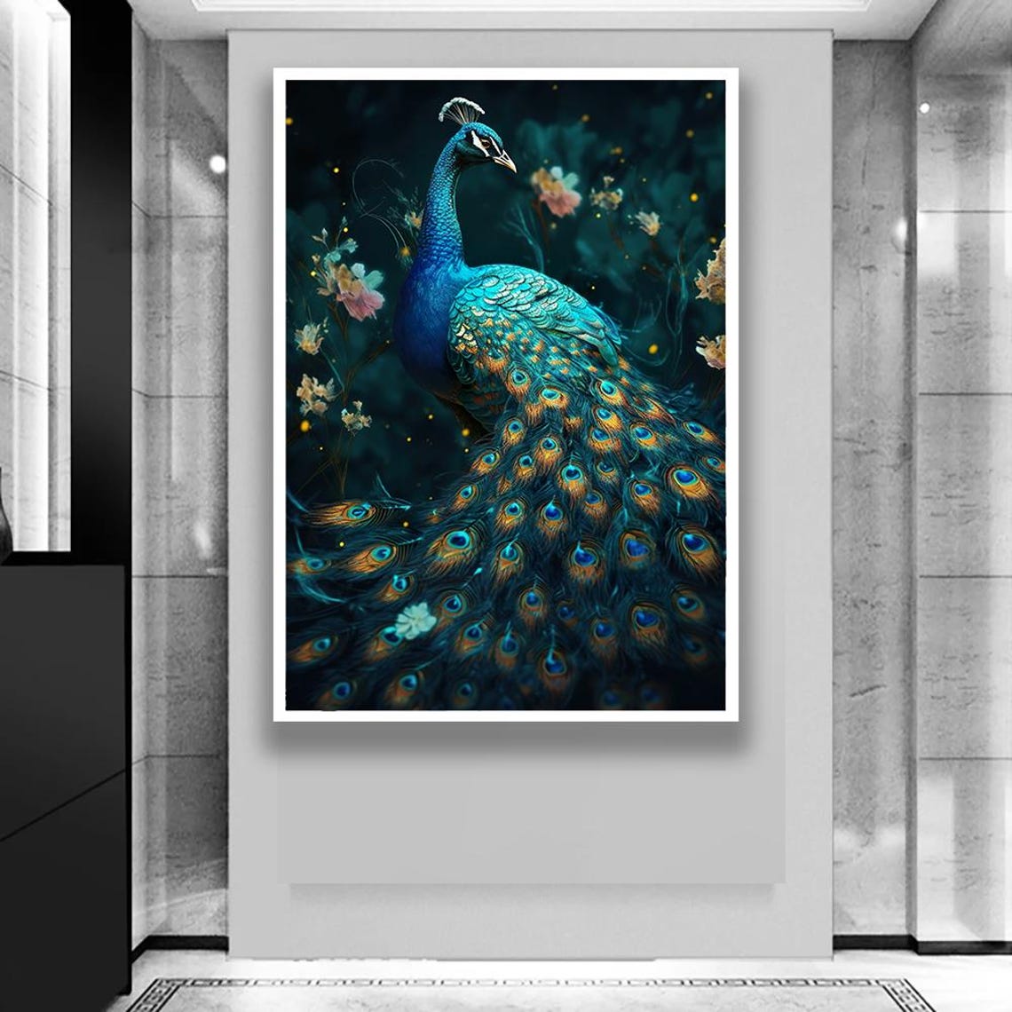 Fantasy Blue Peacock Floral Night Garden Elegant Bird Art Poster