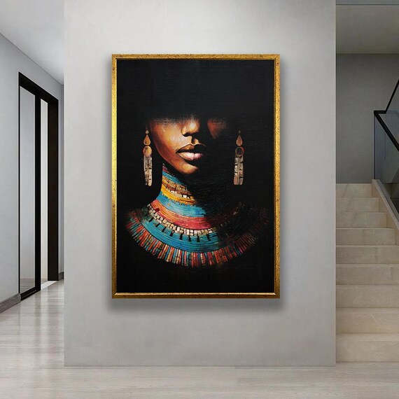 African Woman Tribal Beaded Collar Necklace Dark Portrait Oil Poster