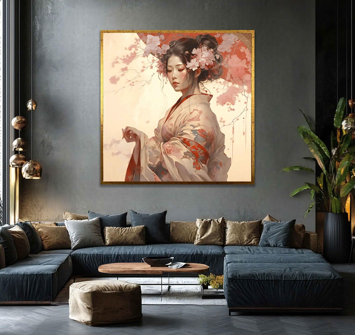 Japanese Geisha Cherry Blossom Art Poster Elegant Kimono Portrait Style