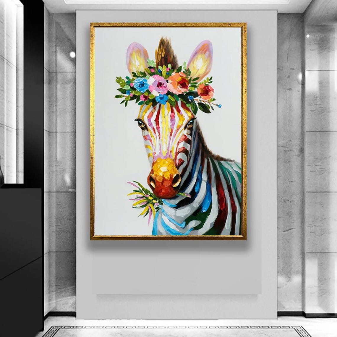 Colorful Zebra With Flower Crown Abstract Animal Art Canvas Print