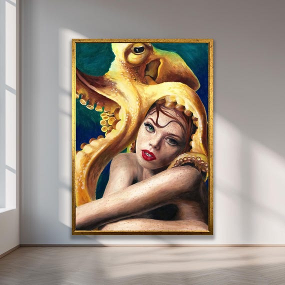 Octopus And Woman Fantasy Art Surreal Canvas Painting