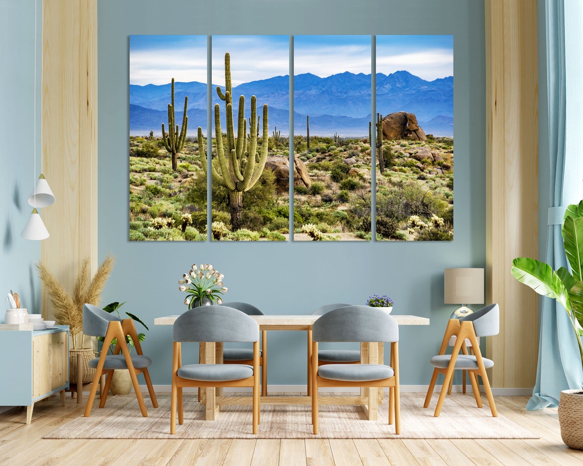 Saguaro Cactus Desert With Blue Mountains Landscape Photo Poster - Image 3