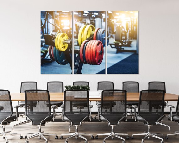 Colorful Weight Plates On Barbell Rack In Modern Gym Wall Art