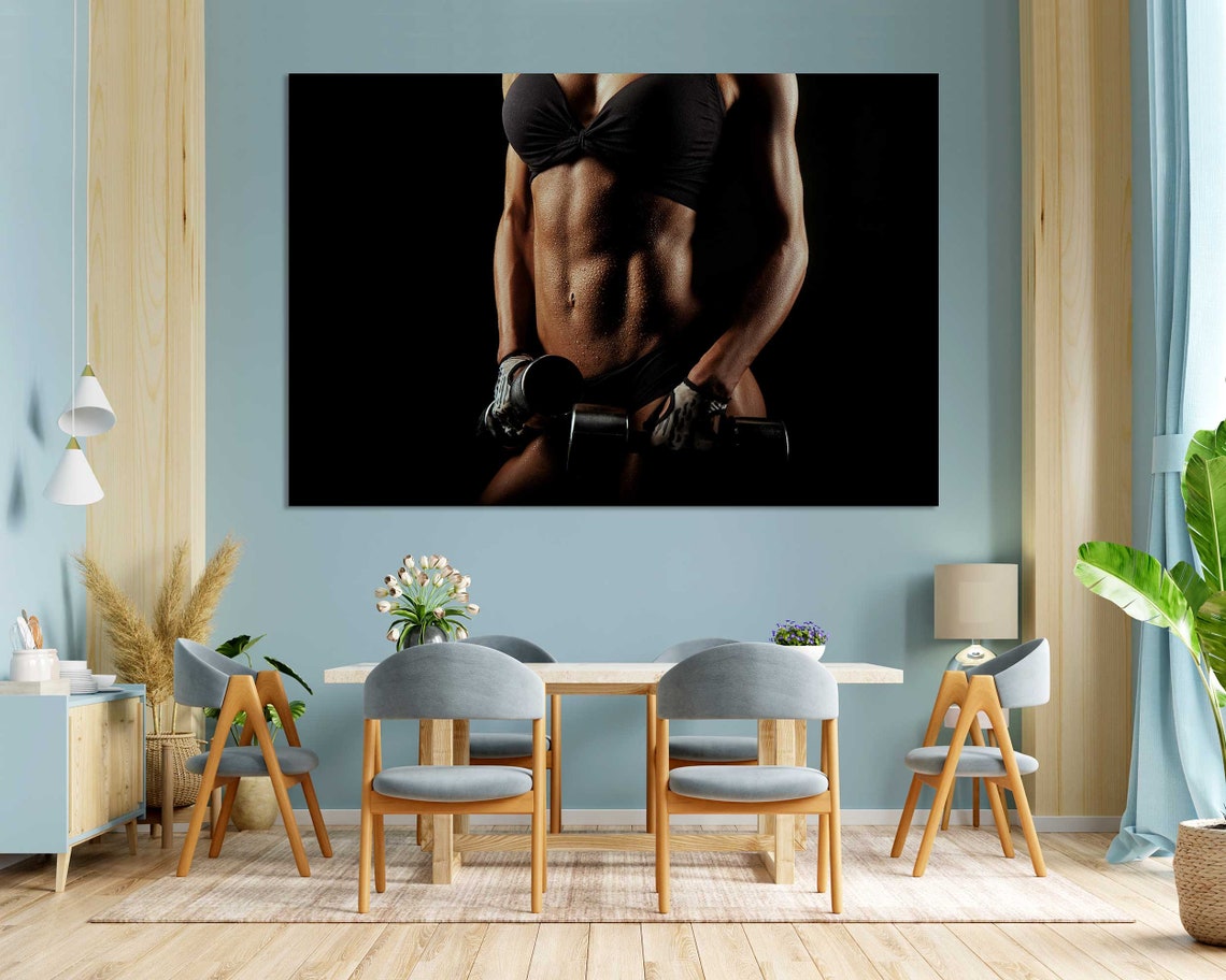 Fitness Woman With Perfect Body Holding Dumbbells Printing Art On Gym Modern Artwork Fitness Wall Art Woman Body Art On - Image 3