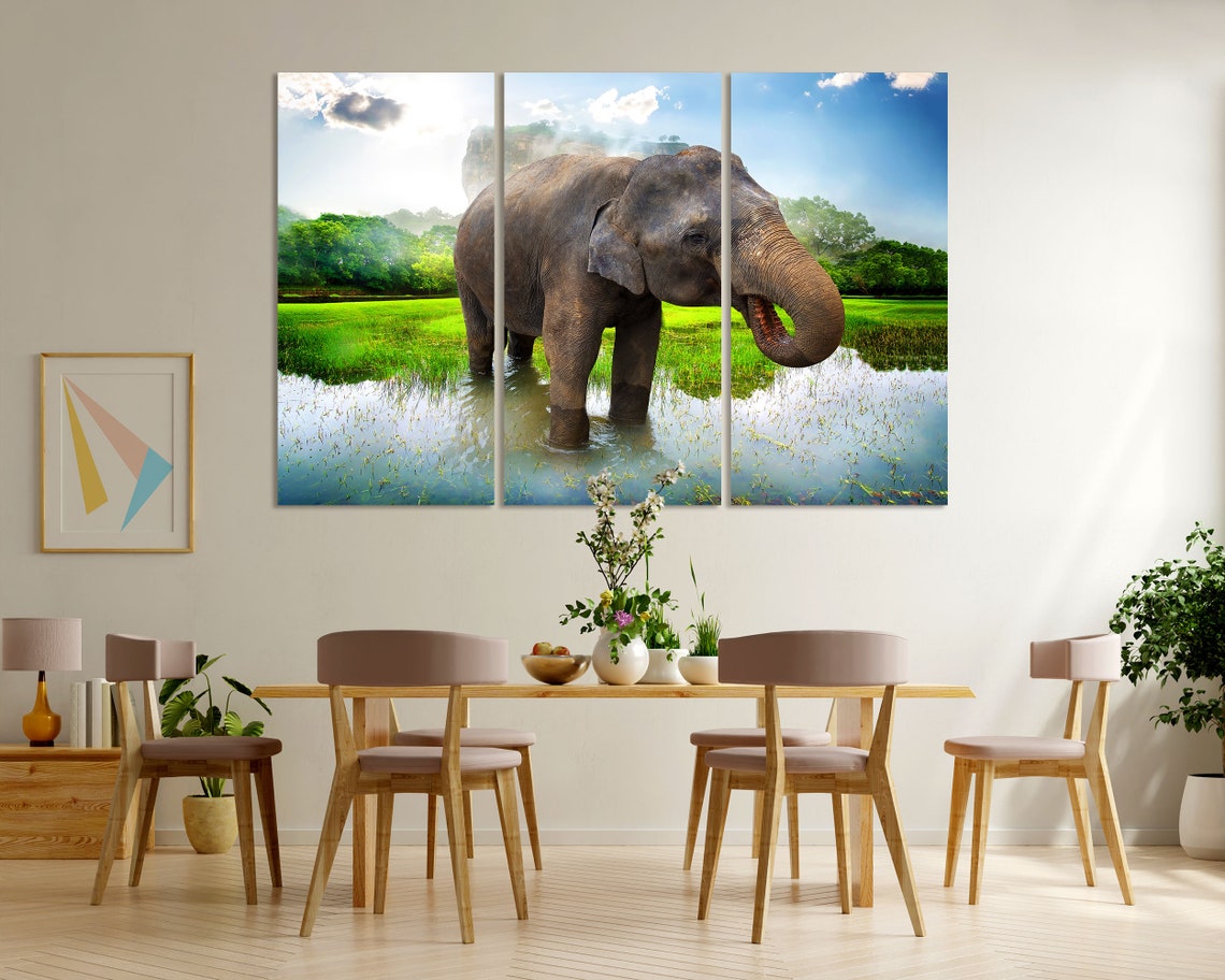 Asian Elephant Standing in Pond Green Field Mist Wildlife Poster - Image 6