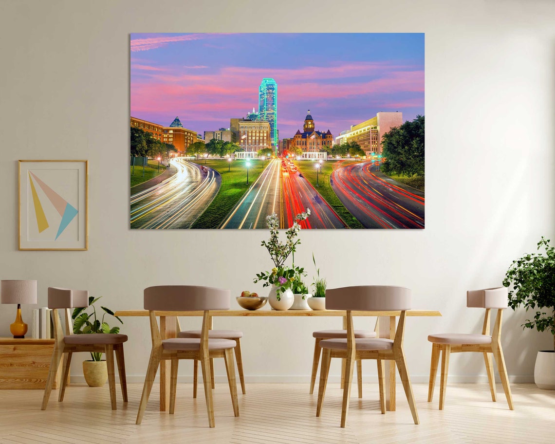 Dallas Texas Skyline Sunset Highway Light Trails City Travel Poster