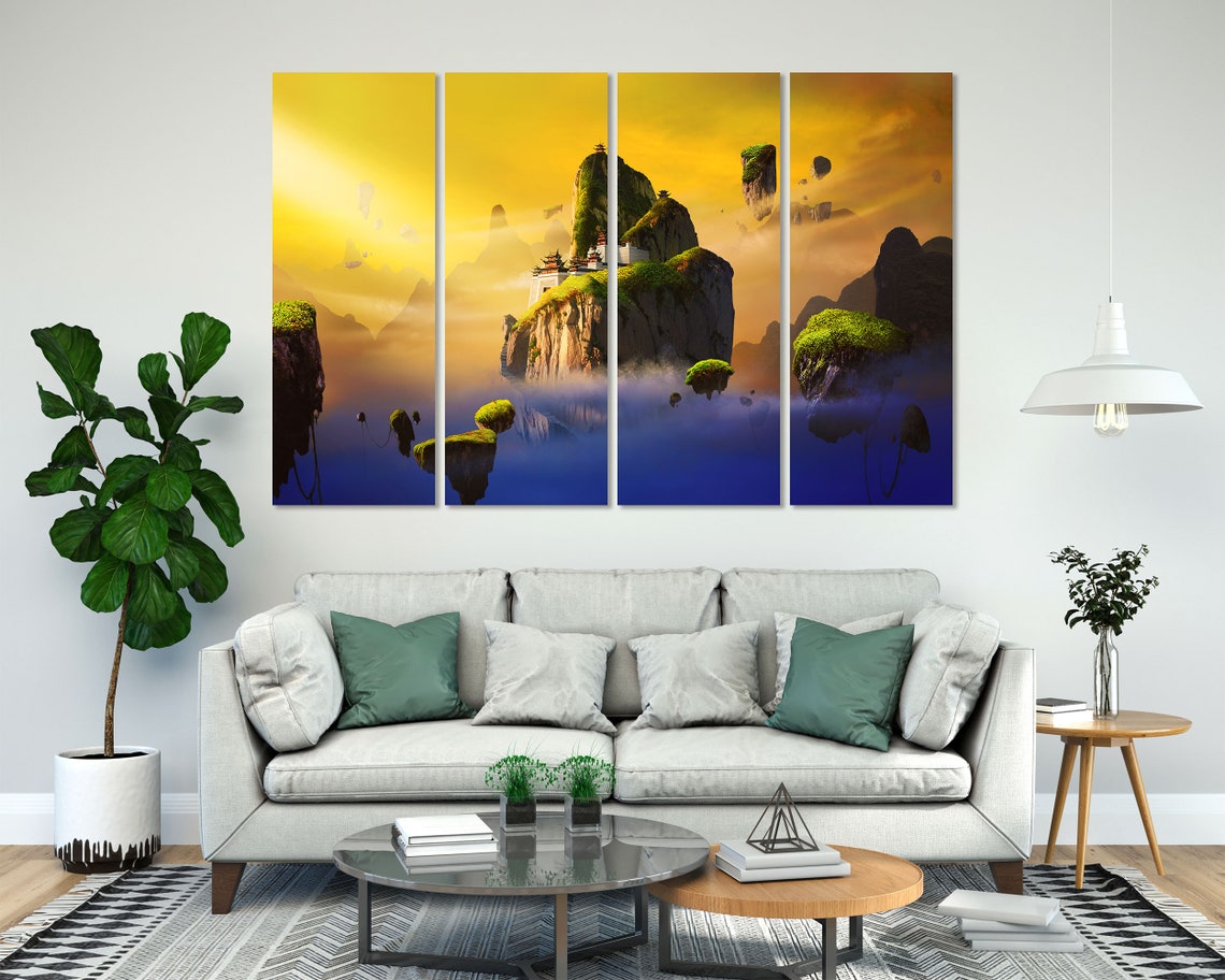 Chinese Fantasy Floating Islands Temple Golden Sunset Sky Art Print - Image 8