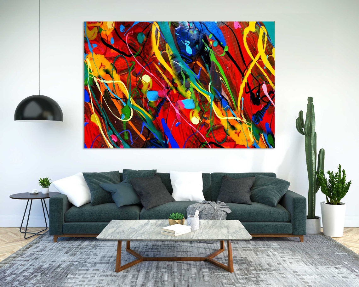 Colorful Abstract Acrylic Paint Splatter Red Blue Modern Art Poster - Image 2
