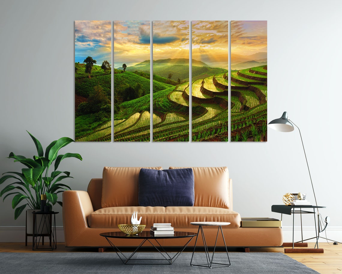 Terraced Rice Fields Sunset Misty Green Hills Golden Light Poster - Image 7