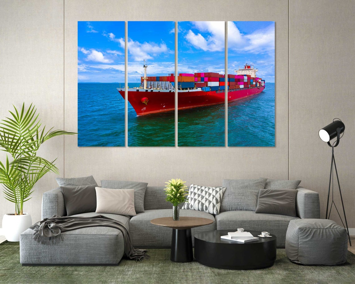 Red Container Cargo Ship Sailing Blue Ocean Quadriptych Sea Art Poster - Image 2