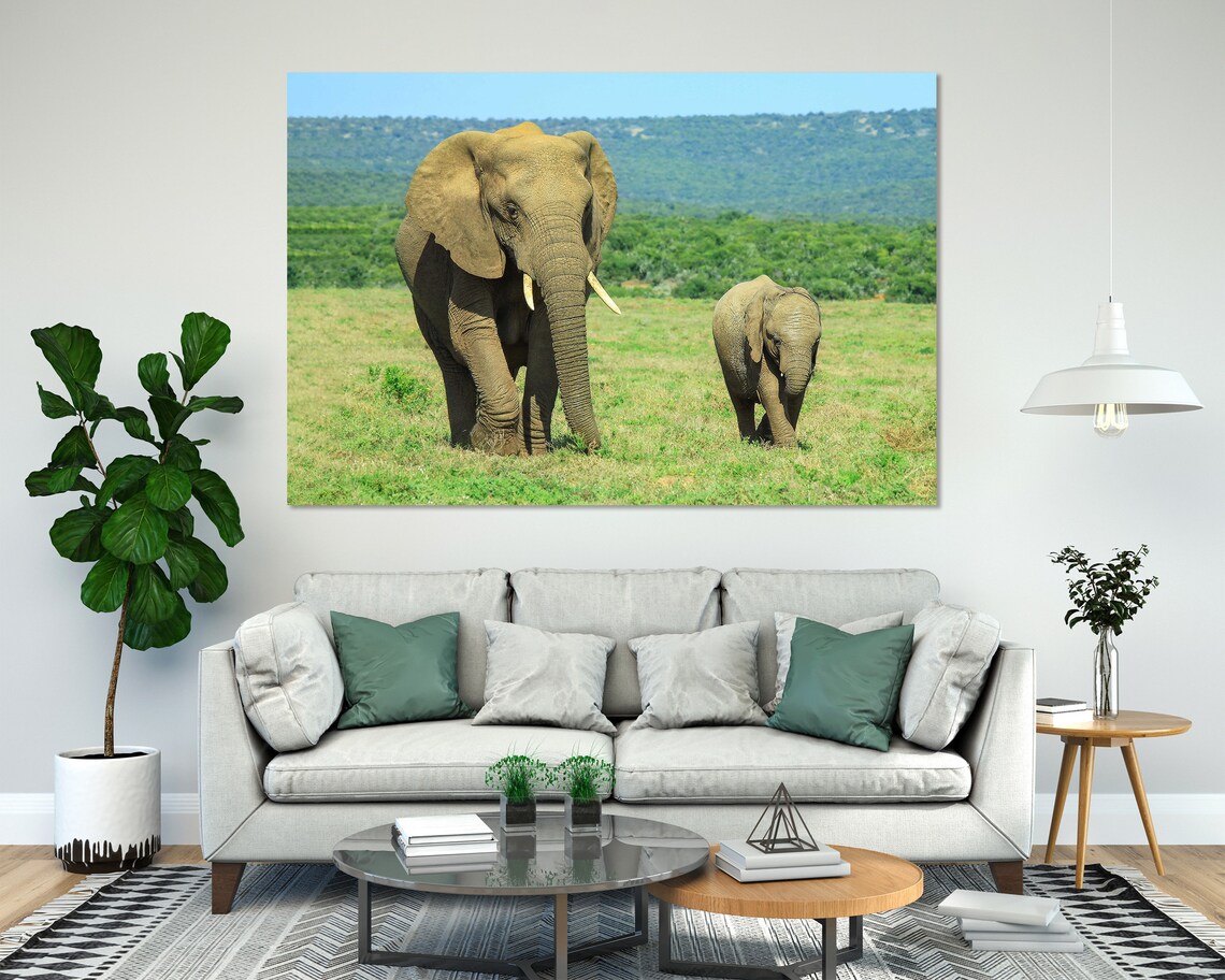 African Elephant Mother Calf Green Savanna Wildlife Safari Wall Decor Poster