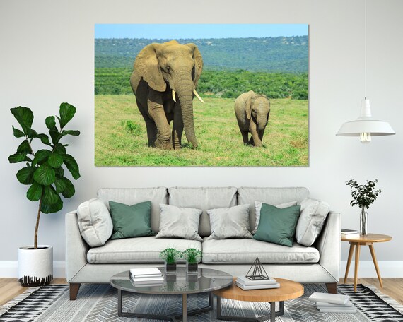 African Elephant Mother Calf Green Savanna Wildlife Safari Wall Decor Poster