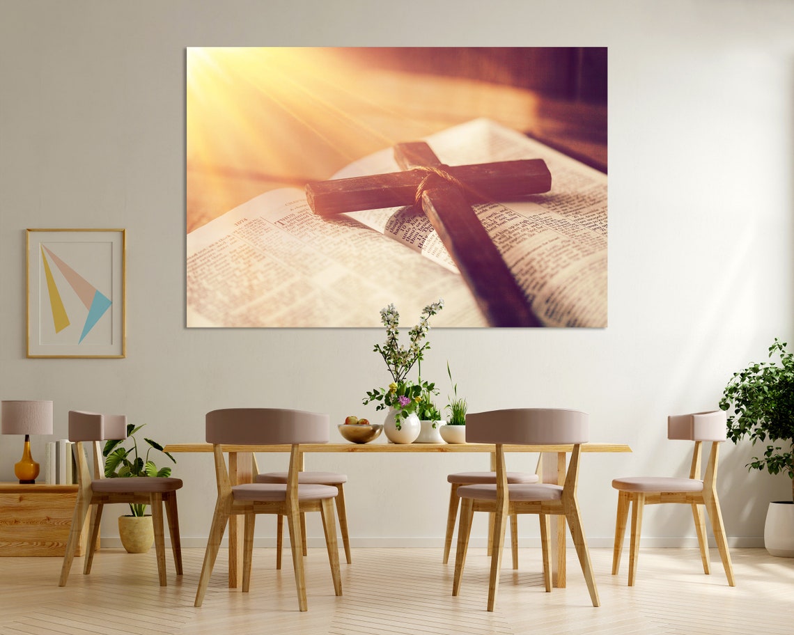 Wooden Cross On Open Bible Warm Light Faith Triptych Wall Art - Image 5