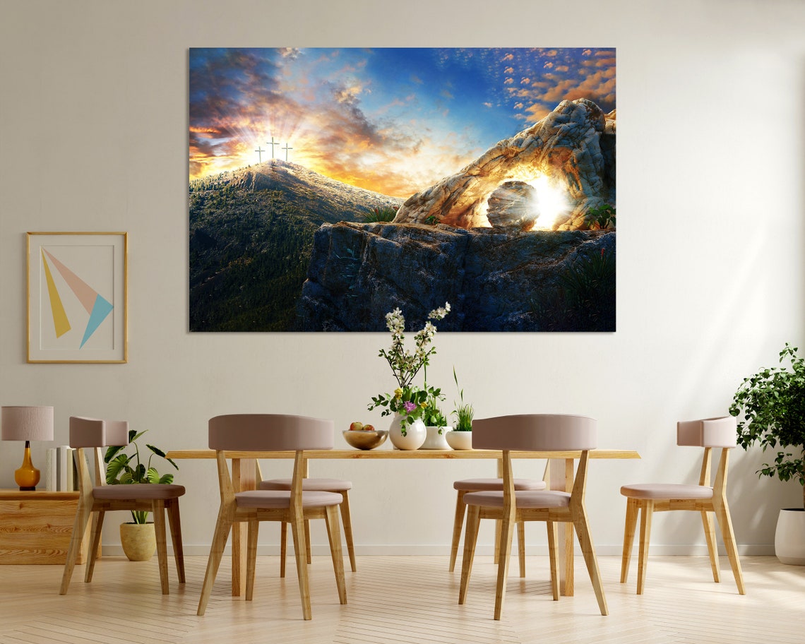 Three Crosses On Hill Sunrise Empty Tomb Christian Faith Art Poster