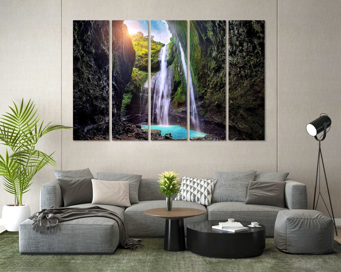 Indonesia Tall Waterfall in Mossy Green Canyon Jungle Pool View Poster - Image 7