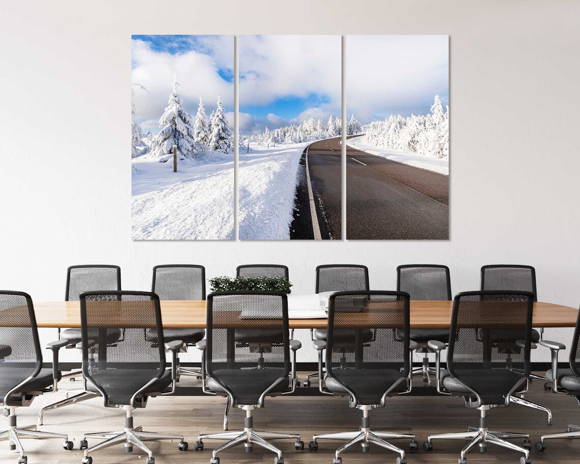 Snowy Winter Road Through Forest Sunny Day Blue Sky Travel Poster - Image 4