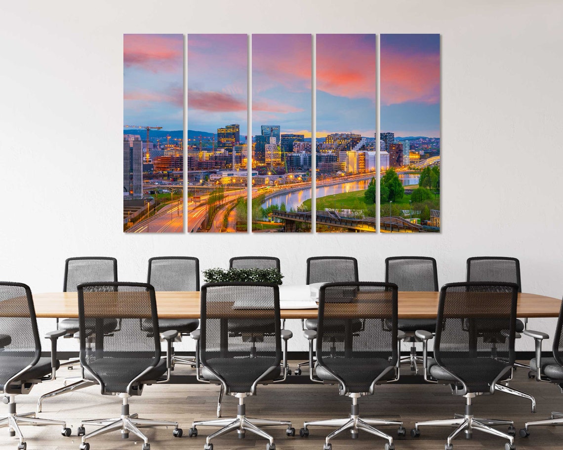 Oslo Norway Night Cityscape With Pink Sunset Sky Harbor Lights Poster - Image 4