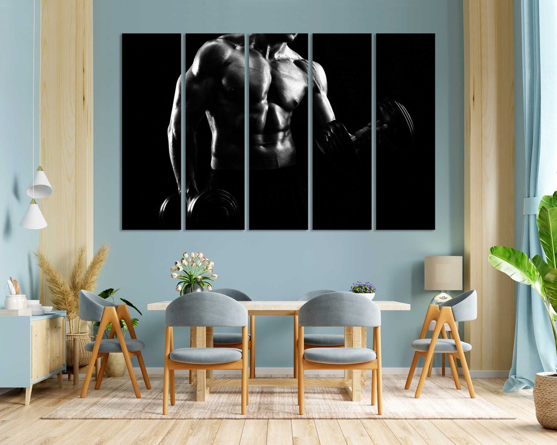 Black And White Bodybuilder Muscles Dumbbells Gym Strength Art Poster - Image 3