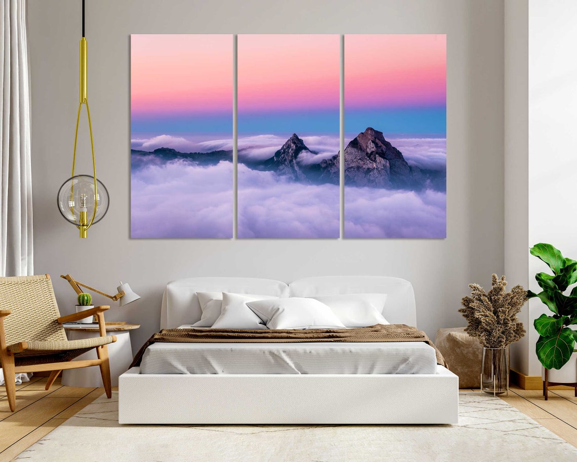 Mountain Peaks Rising Above Clouds at Pink Sunset Sky Landscape Poster - Image 8