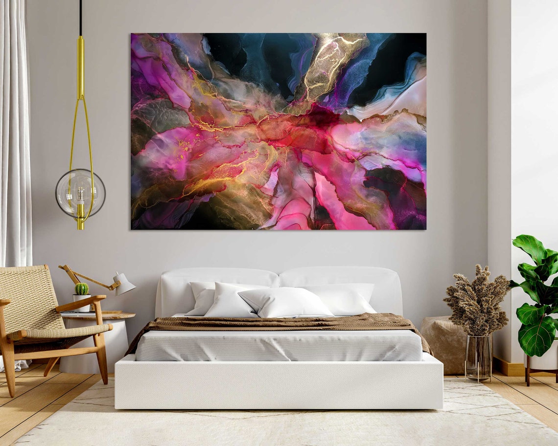Vibrant Pink Purple Abstract Watercolor Flowing Ink Modern Wall Poster