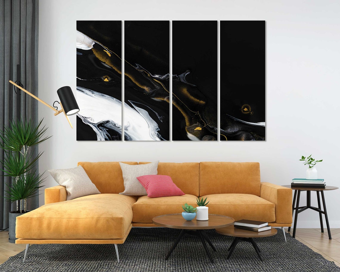 Black White Gold Abstract Marble Flowing Veins Modern Art Poster