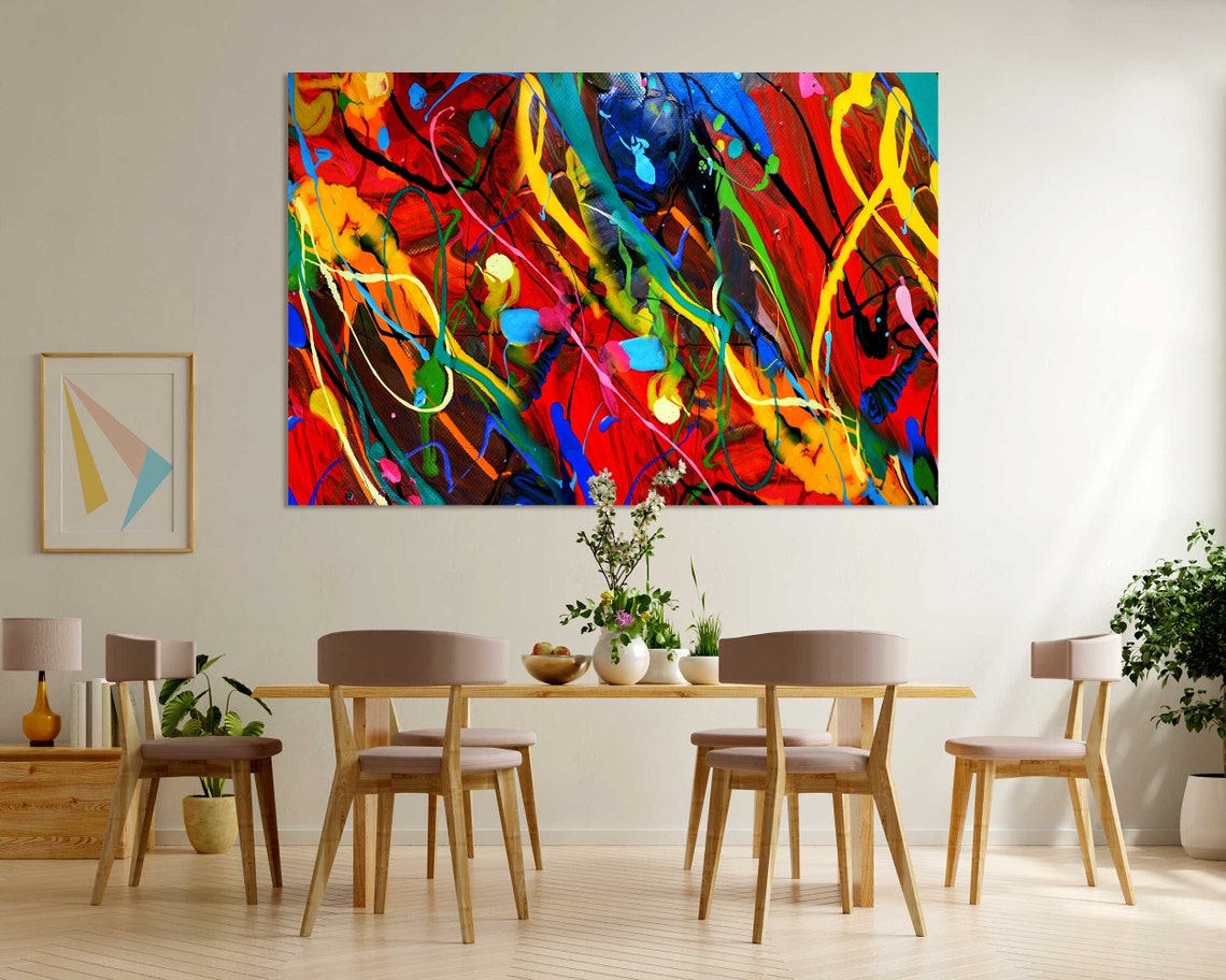 Colorful Abstract Acrylic Paint Splatter Red Blue Modern Art Poster