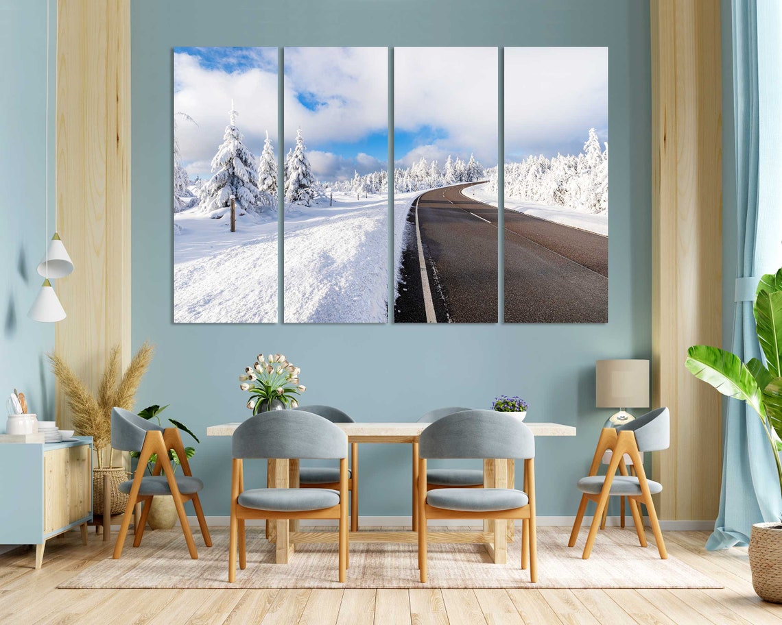 Snowy Winter Road Through Forest Sunny Day Blue Sky Travel Poster - Image 3
