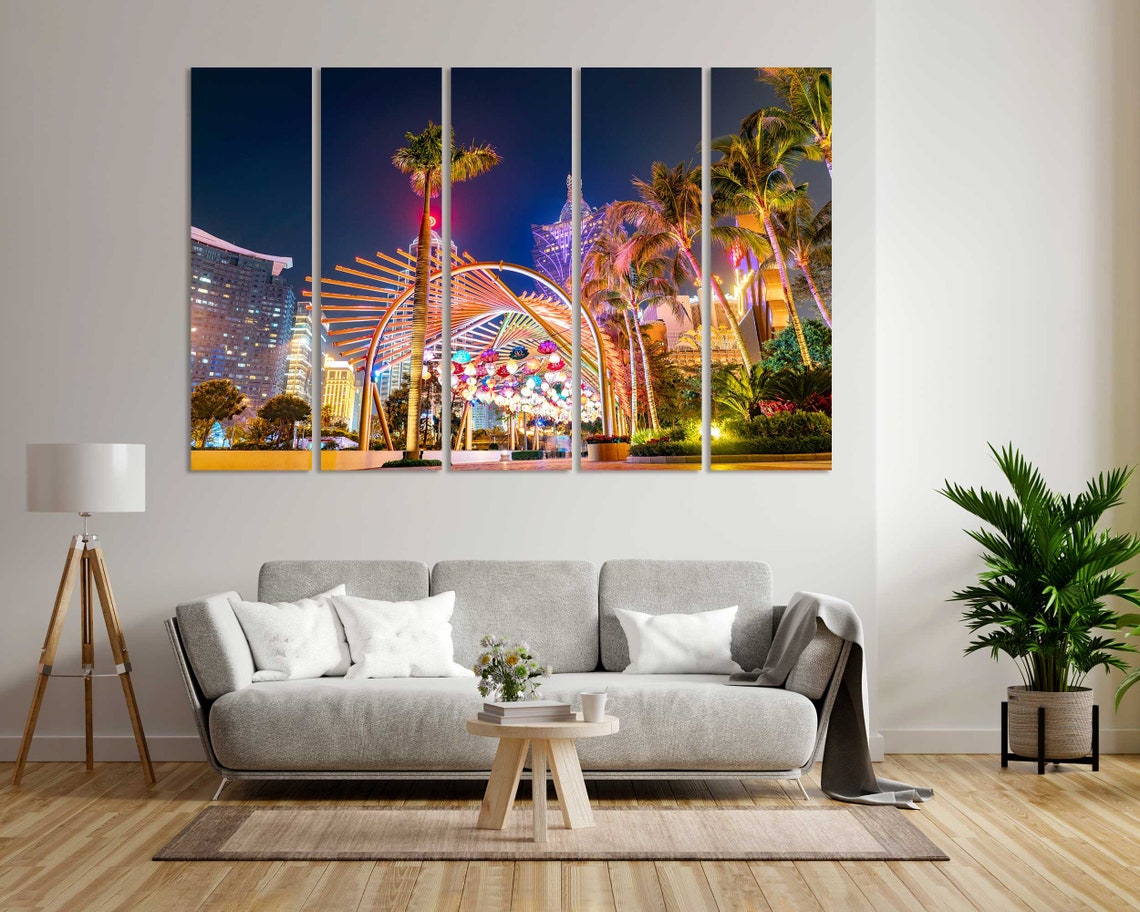 Macau Night Scene with Palm Trees Lit Archway Casino Lights Poster - Image 6