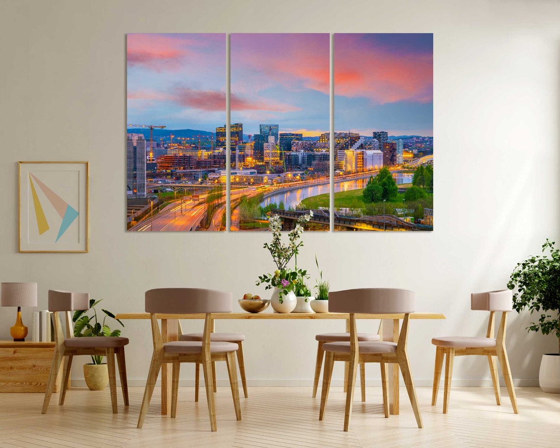 Oslo Norway Night Cityscape With Pink Sunset Sky Harbor Lights Poster - Image 6