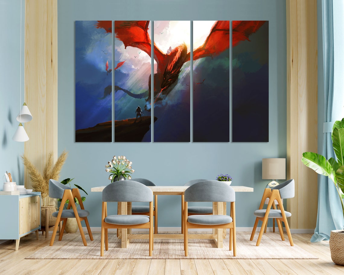 Red Dragon Soaring Sky Fantasy Warrior Cliff Epic Scene Art Poster - Image 3