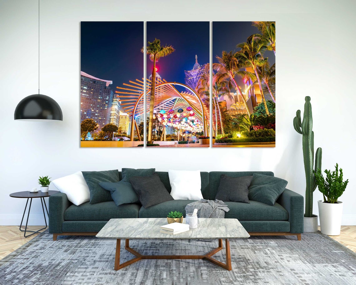 Macau Night Scene with Palm Trees Lit Archway Casino Lights Poster - Image 2