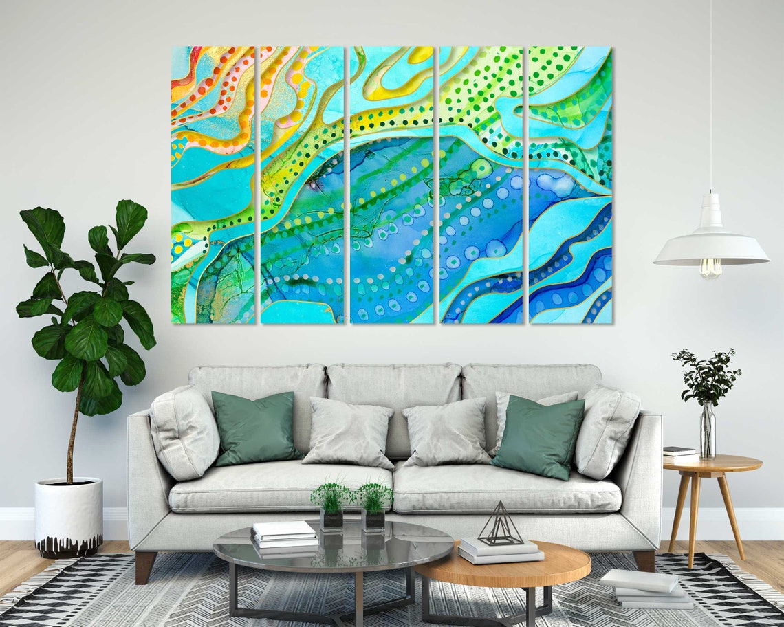 Turquoise Blue Green Yellow Abstract Waves Dotted Flow Art Poster - Image 3