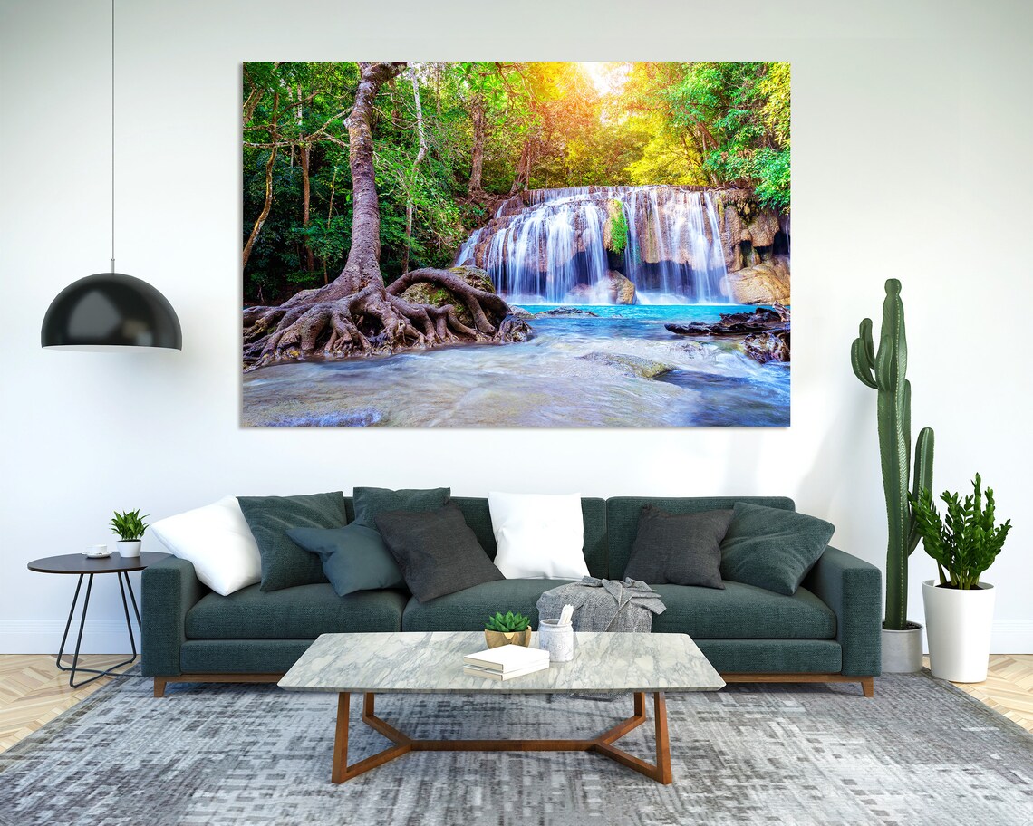 Forest Waterfall With Emerald Pool In Nature Home Decoration Forest River Wall Painting Waterfall Print Sets Green Forest Wall Art - Image 2