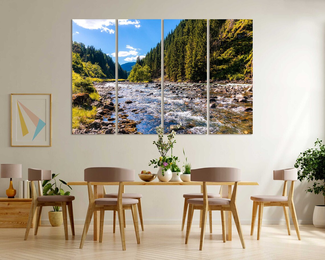Sunny Landscape For Wall Mountains River Painting On Green Forest Picture Art For Wall Mountain Landscape Printing - Image 6
