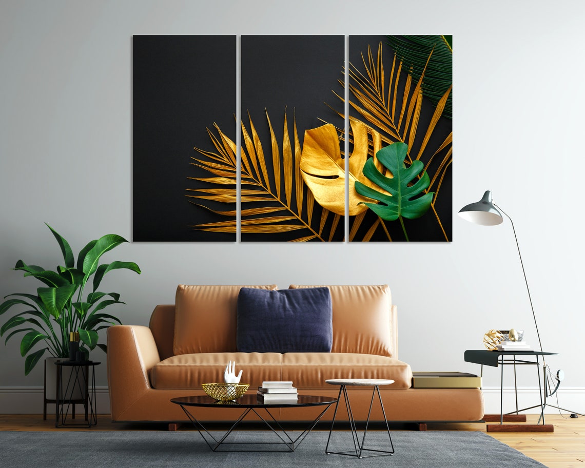 Gold Tropical Palm Leaves Monstera Black Background Botanical Poster - Image 7